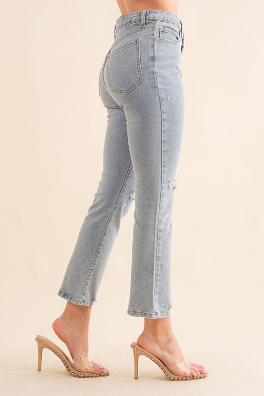 Studded Rhinestone Distressed Denim Jeans