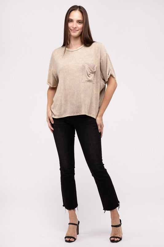 Washed Ribbed Cuffed Short Sleeve Round Neck Top