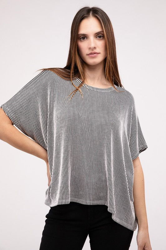 Ribbed Striped Oversized Short Sleeve Top