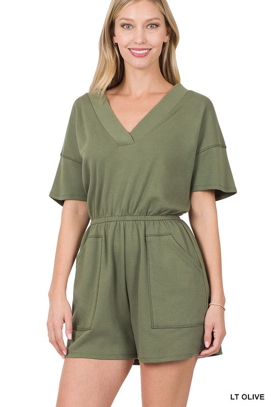 DROP SHOULDER V-NECK ROMPER WITH POCKETS