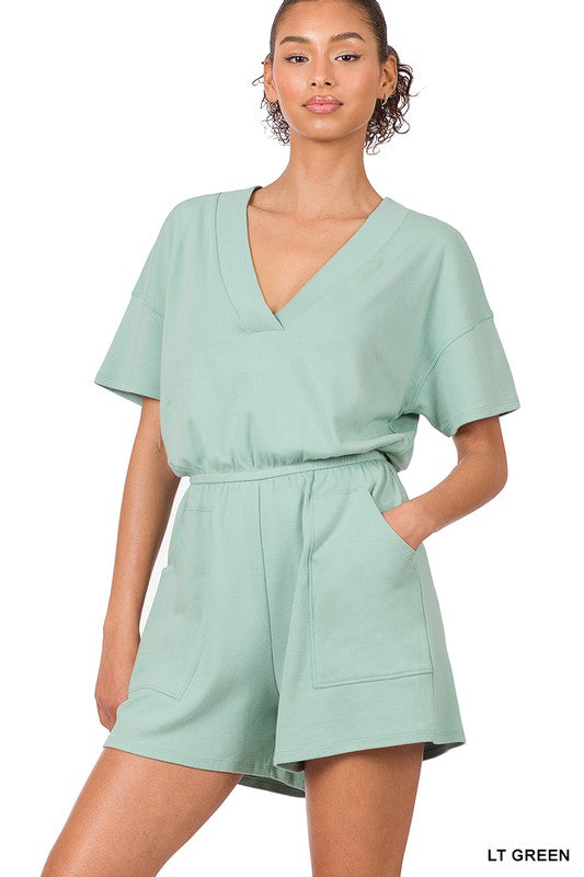 DROP SHOULDER V-NECK ROMPER WITH POCKETS