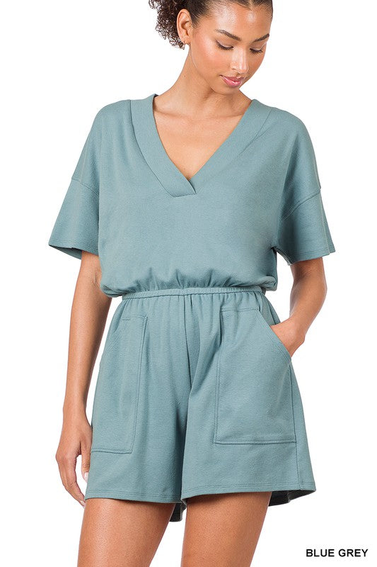 DROP SHOULDER V-NECK ROMPER WITH POCKETS