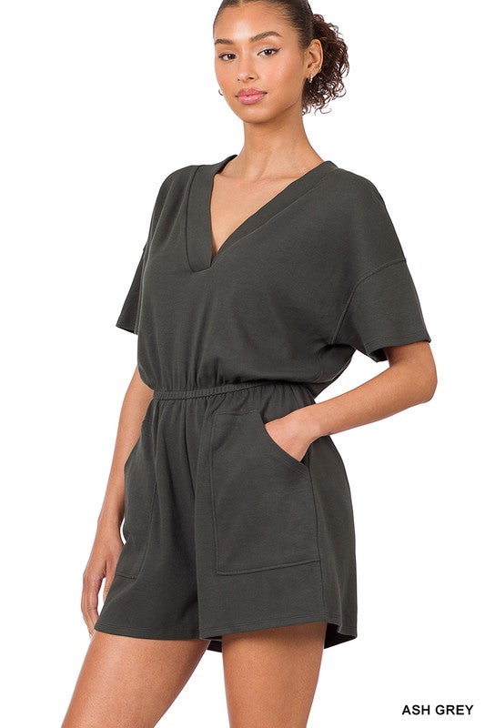 DROP SHOULDER V-NECK ROMPER WITH POCKETS