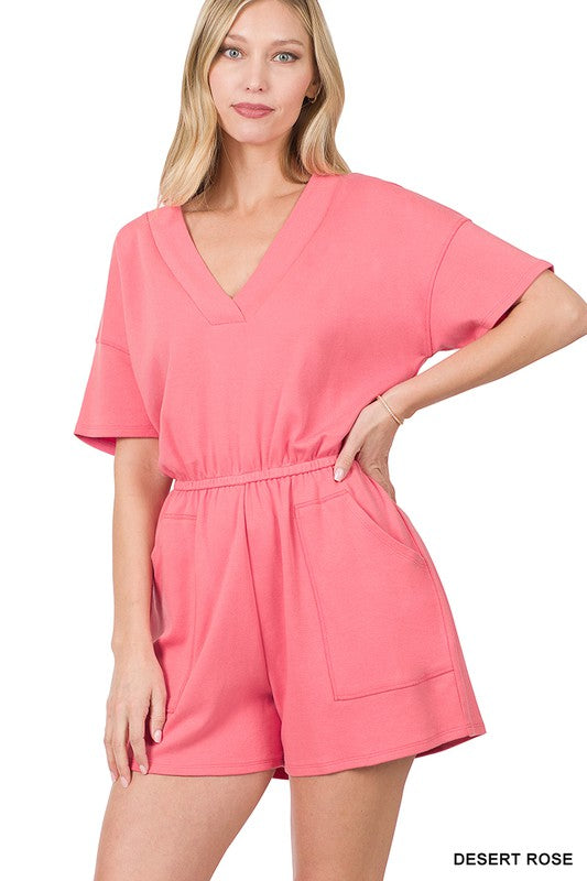 DROP SHOULDER V-NECK ROMPER WITH POCKETS