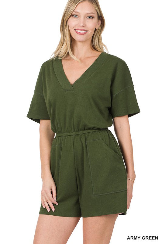 DROP SHOULDER V-NECK ROMPER WITH POCKETS