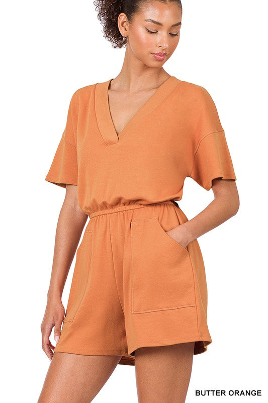 DROP SHOULDER V-NECK ROMPER WITH POCKETS