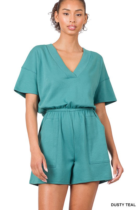 DROP SHOULDER V-NECK ROMPER WITH POCKETS