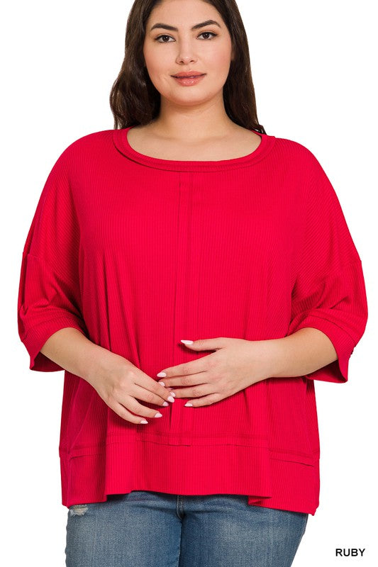 PLUS RIB BOAT NECK DOLMAN SLEEVE TOP W FRONT SEAM