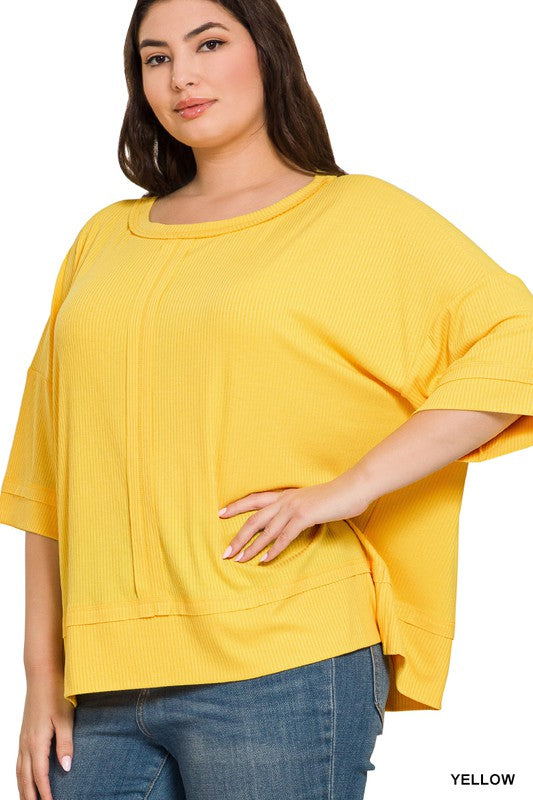 PLUS RIB BOAT NECK DOLMAN SLEEVE TOP W FRONT SEAM